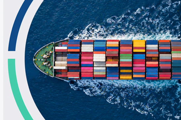 aerial view of cargo ship with colorful containers in ocean representing global export logistics